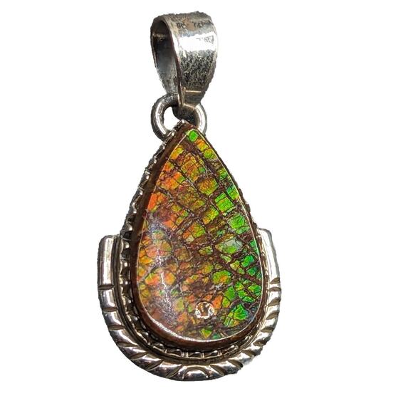 Colorful Ammolite Fossil Dragon Scale Teardrop Sterling Silver Pendant *Read* - Picture 1 of 14